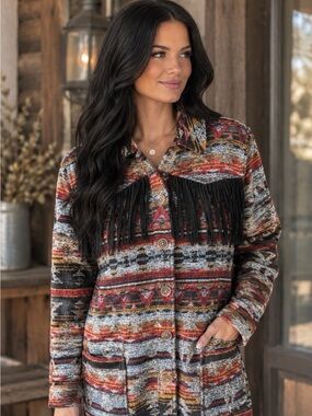 Idyllwind Miranda Lambert Southwestern Aztec Fringe Shacket Jacket XS Woven Fall